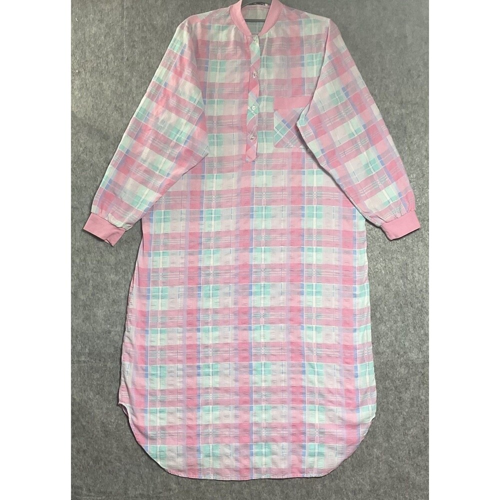 Vintage Nightgown Womens Large Pink Plaid Maxi Lightweight Cottage Prairie *